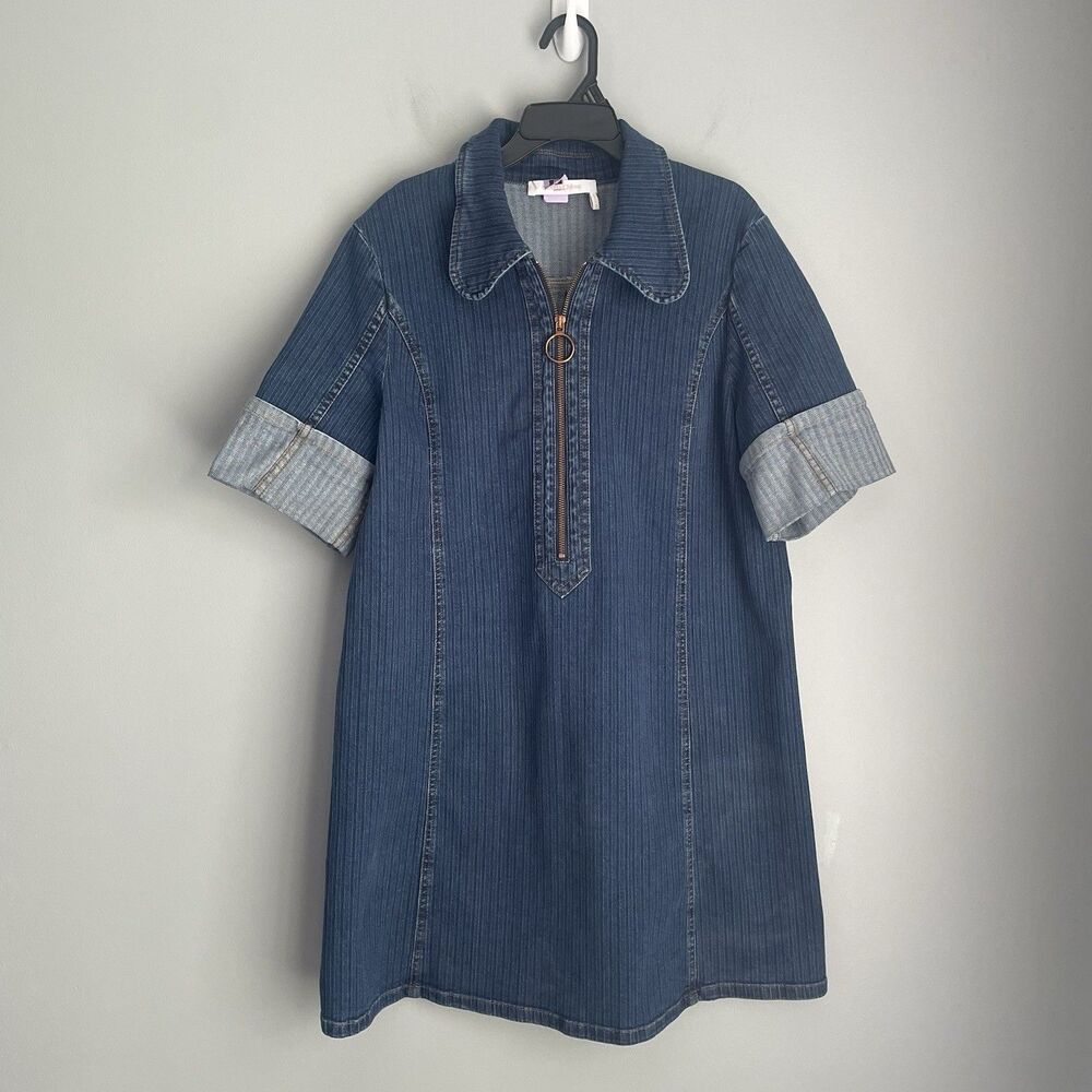 See By Chloe Denim Mini Dress Size 44 Blue Collared 1/3 Zip Short Sleeve Cuff